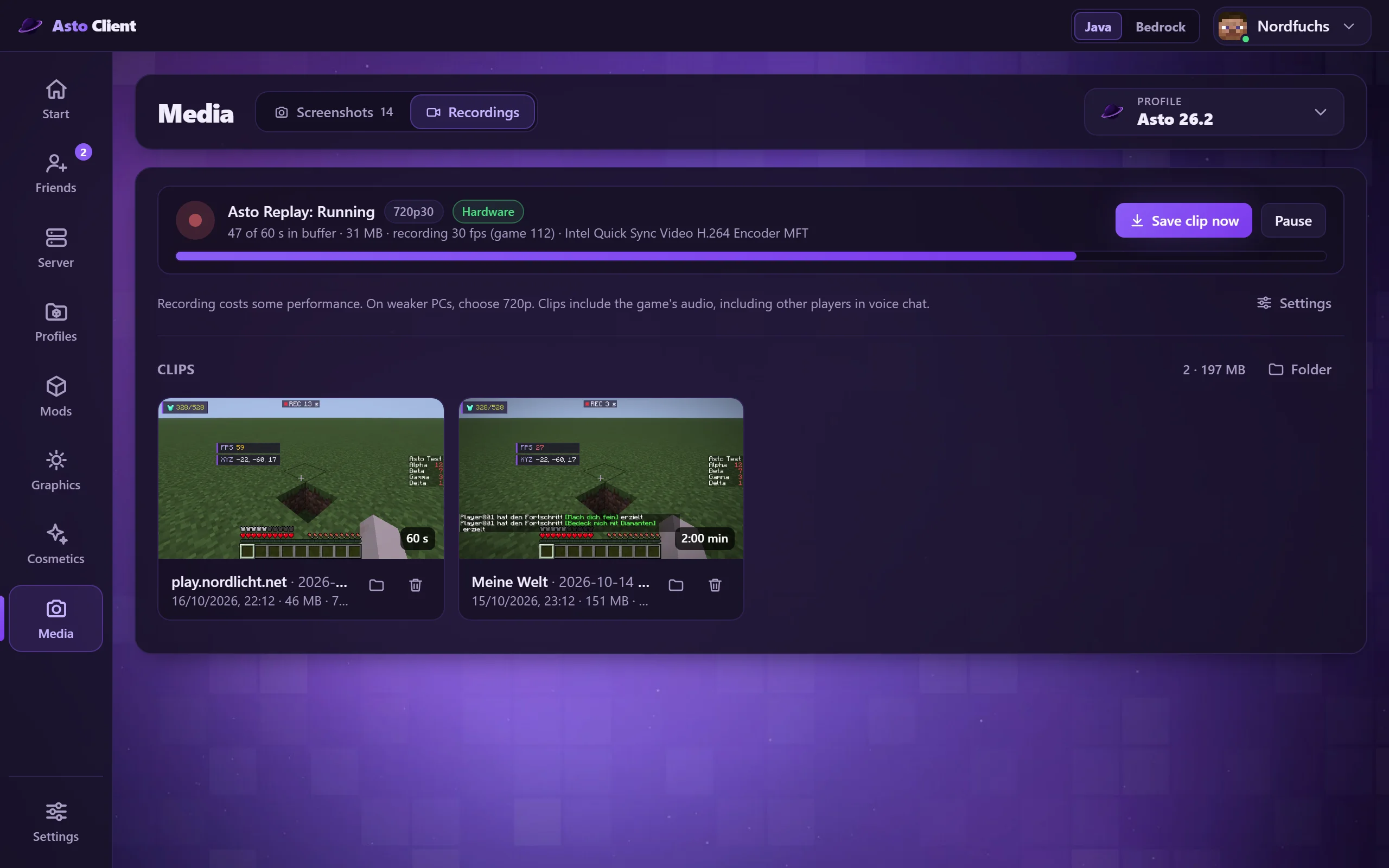 Recordings in the launcher: saved clips with previews