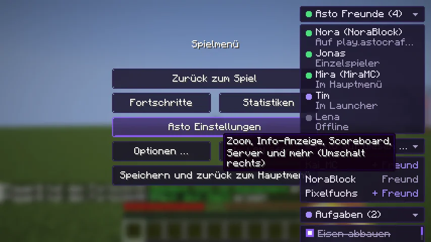 Pause-Menü mit Asto-Freunden, Spielern auf dem Server und Aufgabenliste