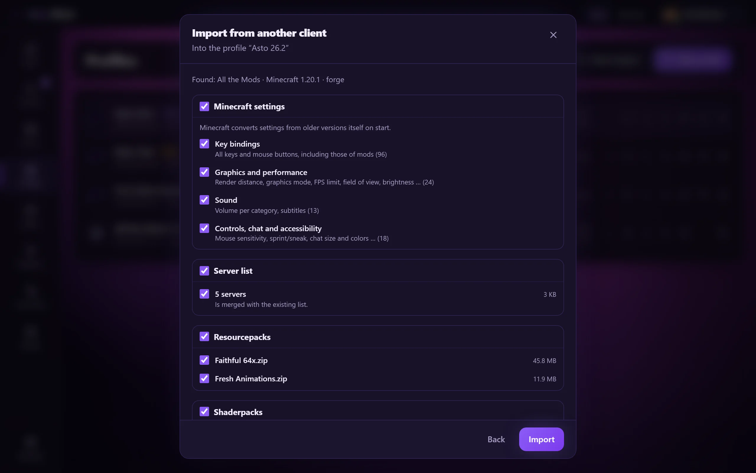 Client import: choose settings, server list, packs and worlds to carry over