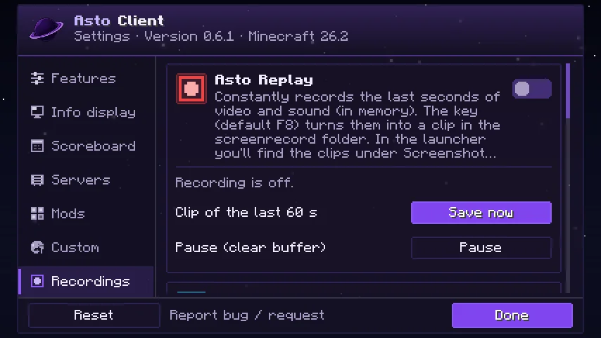 Asto Replay in the Asto settings