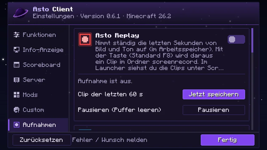 Asto Replay in den Asto-Einstellungen