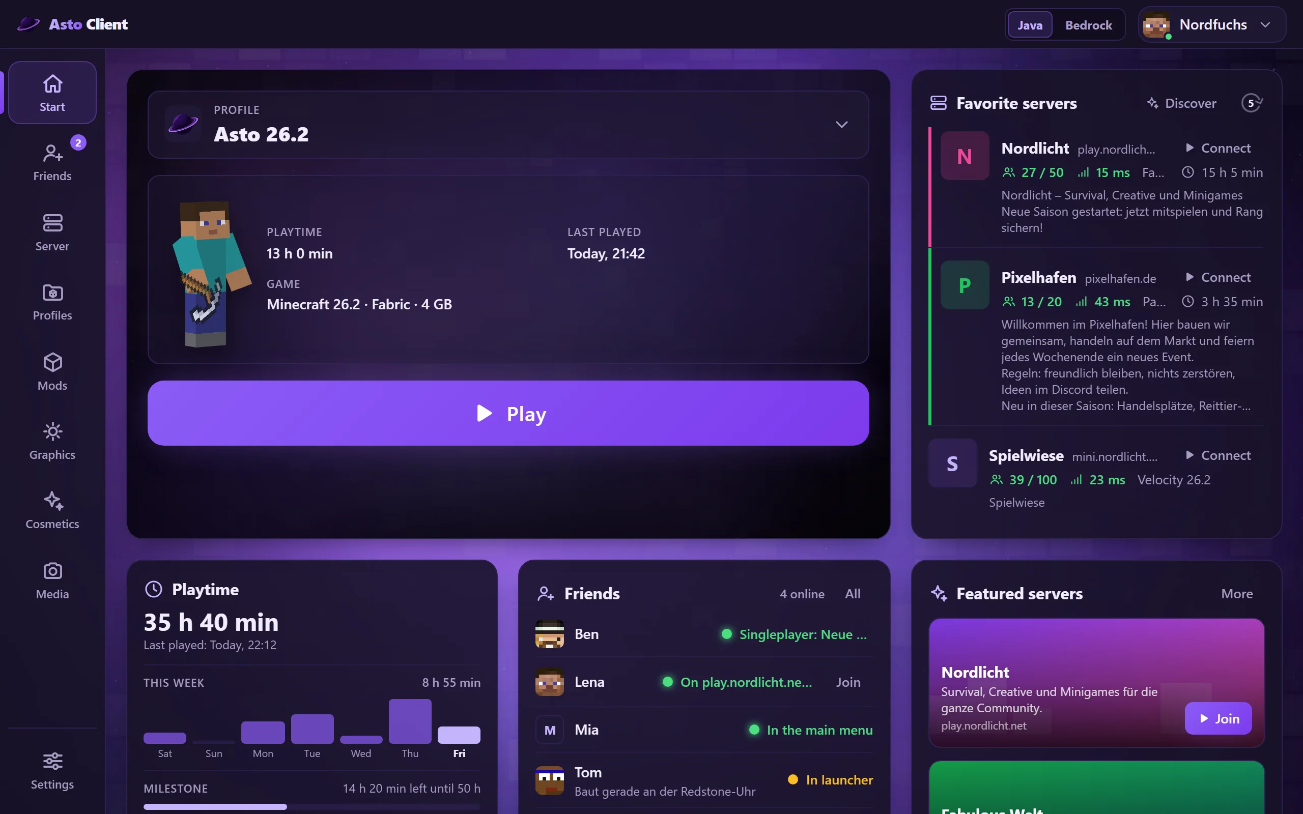 Home page with profile, play button, favorite servers and play time