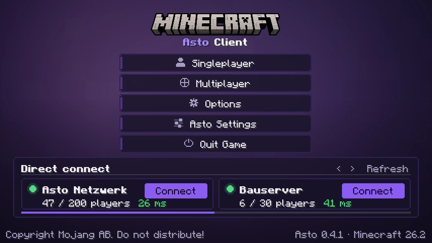 Title screen with the quick connect bar