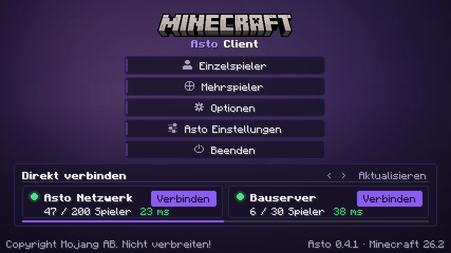 Titelbildschirm mit Direkt-verbinden-Leiste